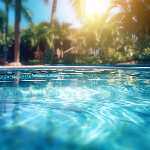 ein Schwimmbad mit Palmen und einem blauen Himmel.