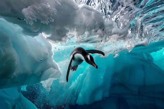 Foto ein schwimmender pinguin taucht von einem eisberg ins wasser und schwimmt anmutig in seinem natürlichen lebensraum