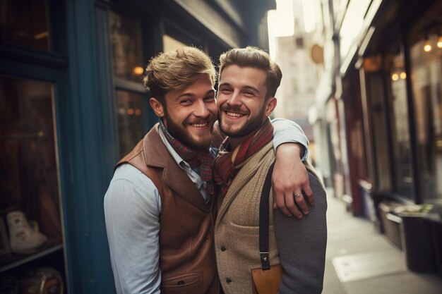 Ein schwules Paar, das glücklich lächelt, das Konzept der Liebe.