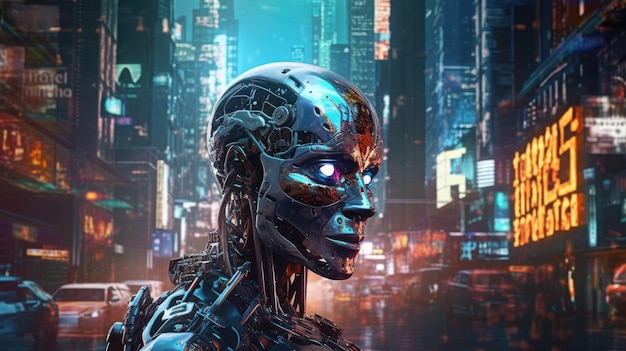 Ein Science-Fiction-Roboter mit Totenkopfgesicht in einem Cyberpunk-Death-Cyborg-Bild eines Mannes in einer zukünftigen Stadt