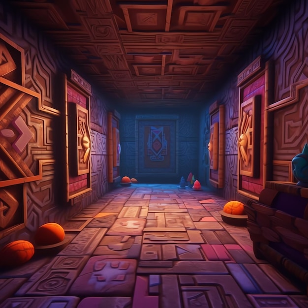 Ein Screenshot eines Raumes mit einer lila und orangefarbenen Dekoration.