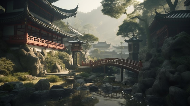 Ein Screenshot eines Tempels in einem Wald mit einer Brücke im Hintergrund.
