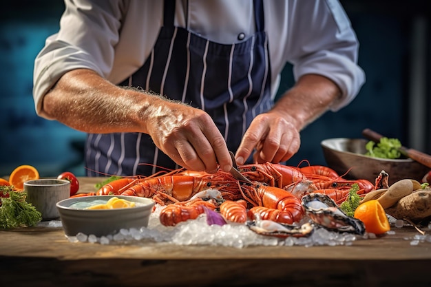 Ein Seafood-Chef bereitet ein Gourmetgericht mit den Händen vor