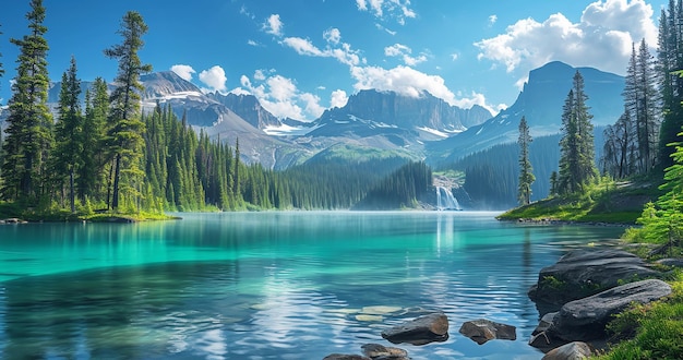 Foto ein see aqua blaues wasser mit wasserfall grüne berge und ein tal eine wunderschöne entspannende landschaft generative ki