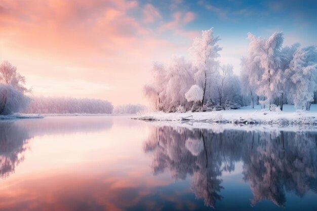 ein See, der von schneebedeckten Bäumen unter einem bewölkten Himmel umgeben ist