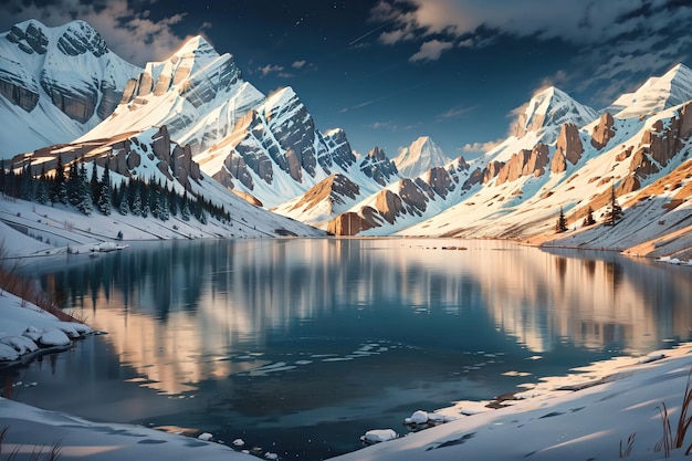 Ein See in den Bergen bei Nacht mit einem Licht darauf