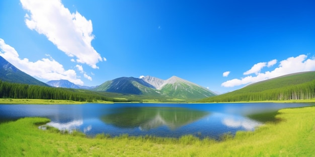 Ein See in den Bergen mit blauem Himmel und Wolken