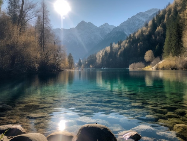 Ein See in den Bergen mit der Sonne, die auf das Wasser scheint