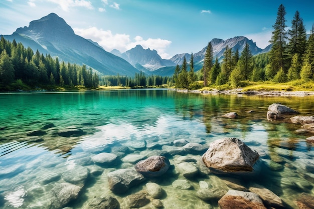 Ein See in den Bergen mit einem Berg im Hintergrund