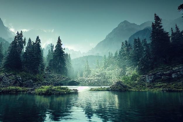 Ein See in den Bergen mit einem Wald im Hintergrund