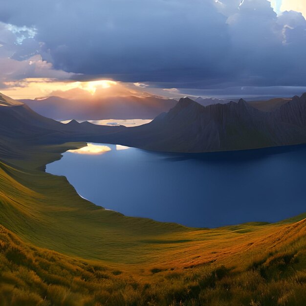 Ein See ist von Bergen umgeben und die Sonne scheint am Horizont.