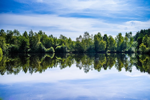 Ein See mit Bäumen und einem blauen Himmel