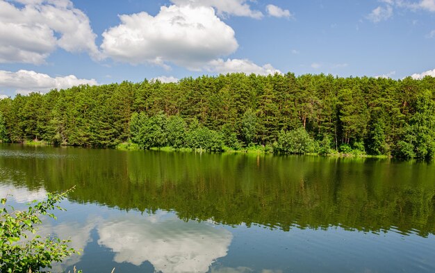 Foto ein see mit bäumen und einem blauen himmel