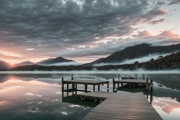 Ein See mit bewölktem Himmel und ein Dock mit einem Berg im Hintergrund