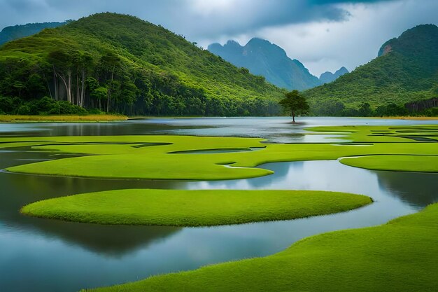 Ein See mit einem Baum im Hintergrund