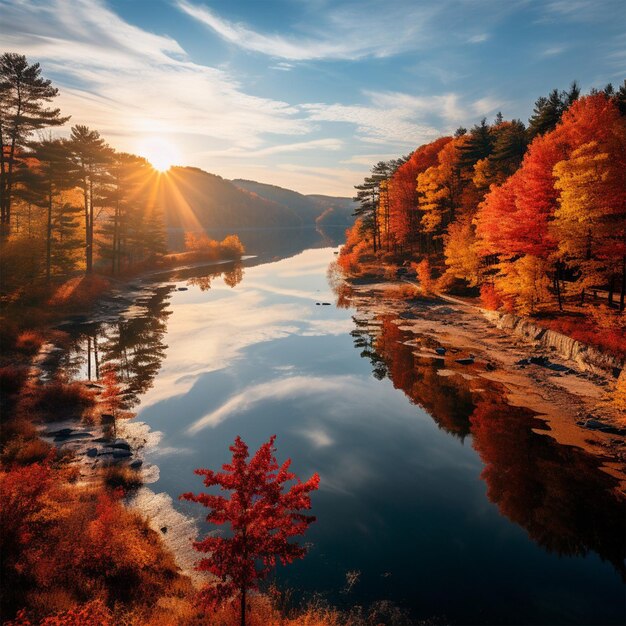 ein See mit einem Baum im Vordergrund und einem See mit einer Reflexion der Sonne im Wasser