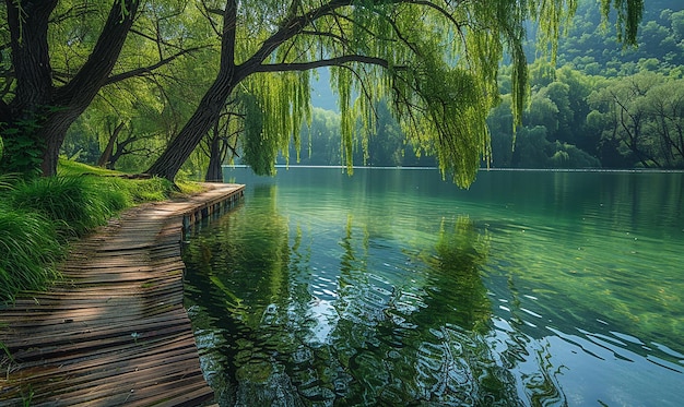 ein See mit einem Baum und einer Brücke im Hintergrund