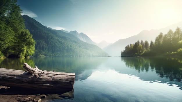 Ein See mit einem Baumstumpf im Vordergrund und Bergen im Hintergrund.