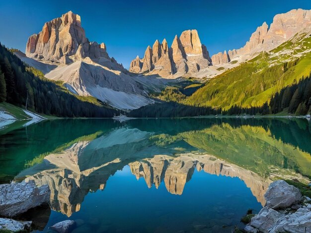 Foto ein see mit einem berg im hintergrund, wunderbare spiegelung des himmels, wunderschöne spiegelungen