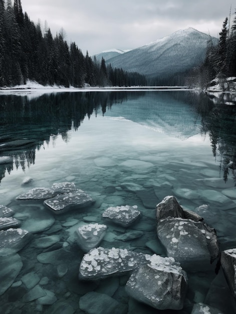 Ein See mit einem Berg im Hintergrund