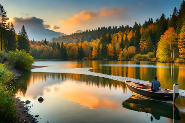 Ein See mit einem Boot und einem Wald im Hintergrund