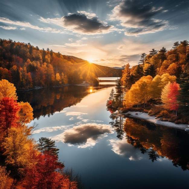 ein See mit einem See und Bäumen mit einem Sonnenuntergang im Hintergrund