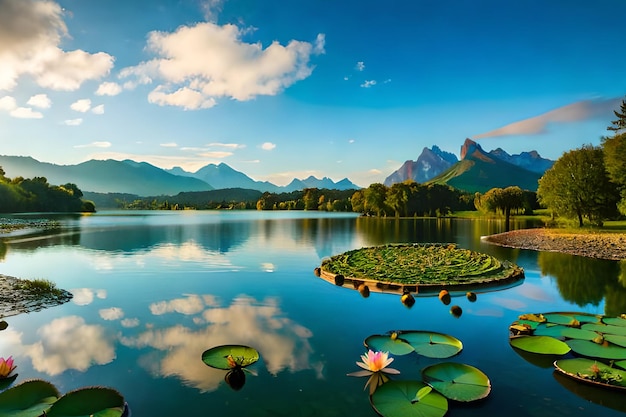 Ein See mit einem Seerosenblatt und Bergen im Hintergrund