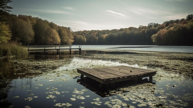 Ein See mit einem Steg und einem Baum im Hintergrund