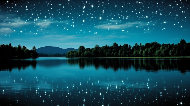 ein See mit einem sternenfrohen Himmel und Bäumen im Hintergrund