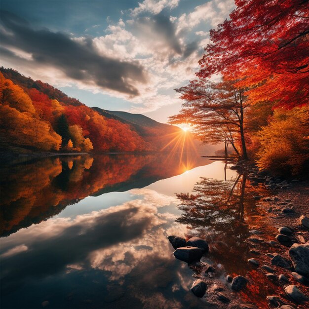 ein See mit einer Reflexion eines Berges und eines roten Baumes