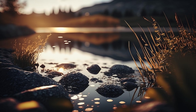 Ein See mit Felsen im Vordergrund und einem Sonnenuntergang im Hintergrund.