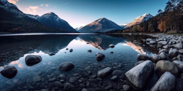 Ein See mit Felsen und Bergen im Hintergrund