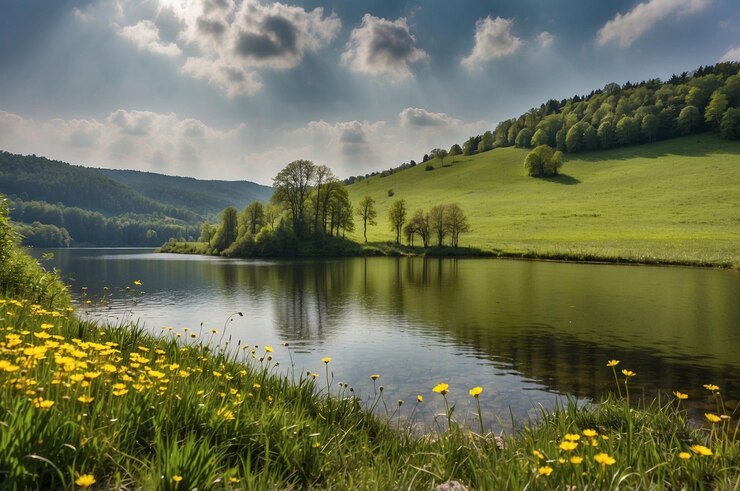 Foto ein see mit gelben blumen und einem bewölkten himmel