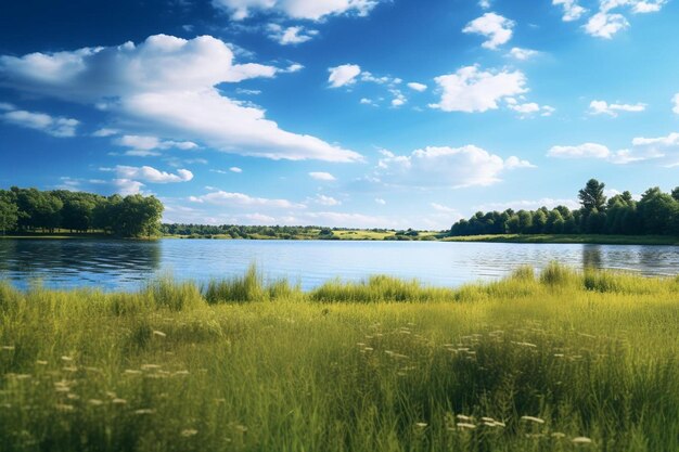 ein See mit Gras und Blumen auf dem Wasser