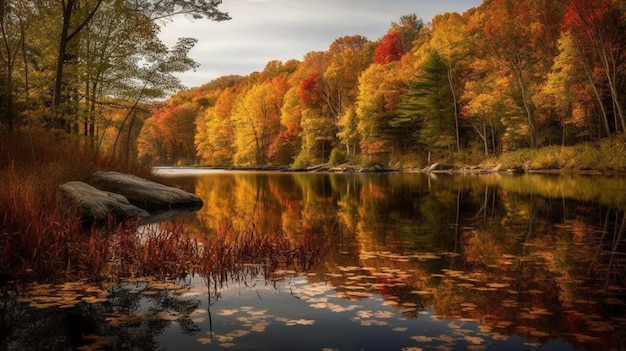 Ein See mit Herbstfarben im Hintergrund