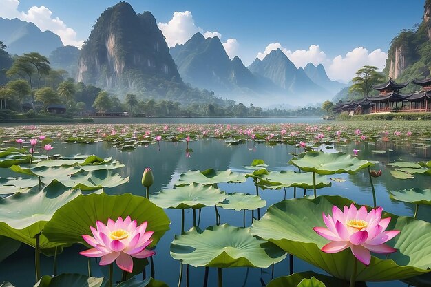 Ein See mit Lotusblumen im Vordergrund und Bergen im Hintergrund