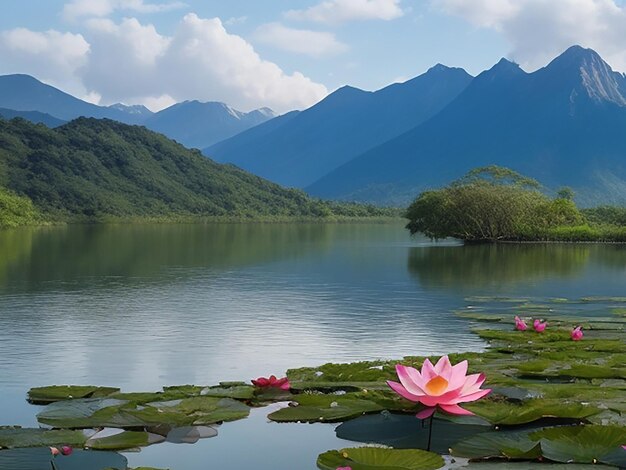 Ein See mit Lotusblumen im Vordergrund und Bergen im Hintergrund