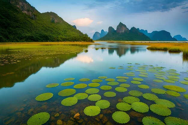 Foto ein see mit seerosen im wasser