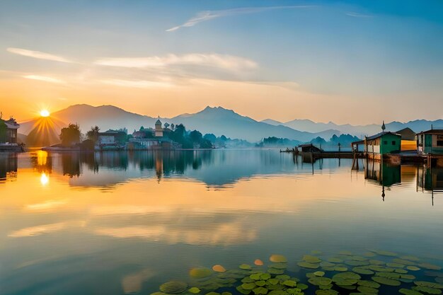 Ein See mit Sonnenuntergang und Bergen im Hintergrund