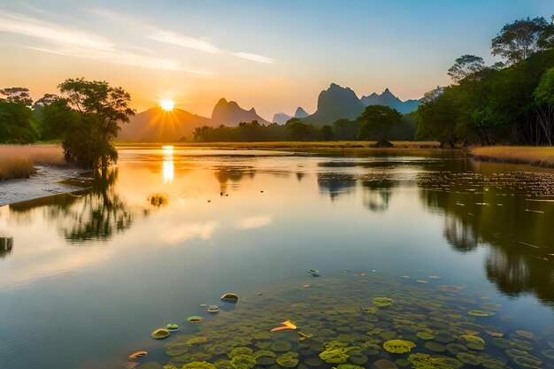 Foto ein see mit wasserlilien im vordergrund