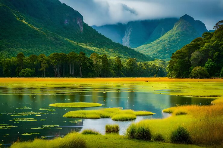 Foto ein see mit wasserlilien und bergen im hintergrund