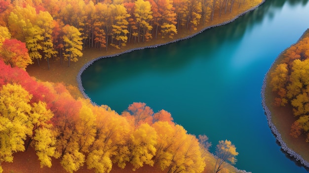 Ein See, umgeben von Bäumen mit gelben Blättern