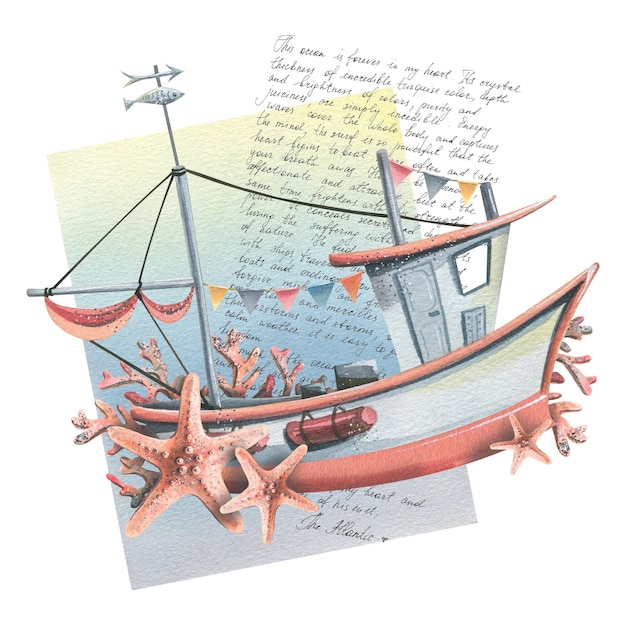 Ein Seeboot mit Girlanden aus Flaggen, Seesternen und Korallen auf blauem Hintergrund mit Text über den Atlantik Aquarellillustration Für die Gestaltung und Dekoration von Drucken, Aufklebern, Postern