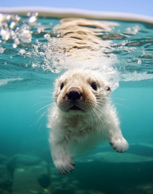 Ein Seeotter schwimmt unter Wasser im Meer.