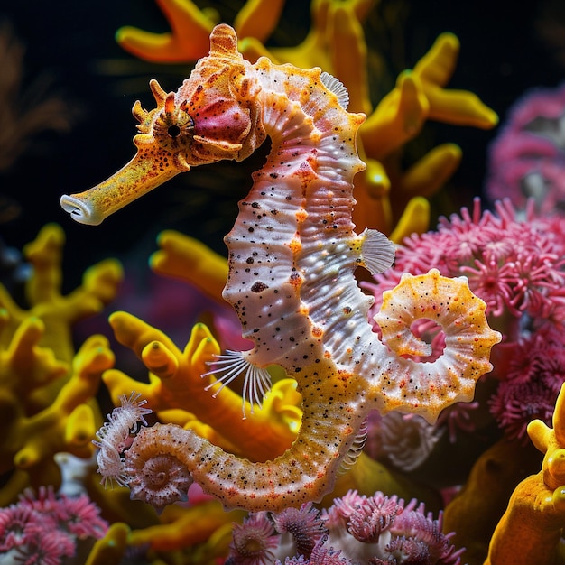 ein Seepferdchen ist in einem Korallenriff mit Korallen und Korallen