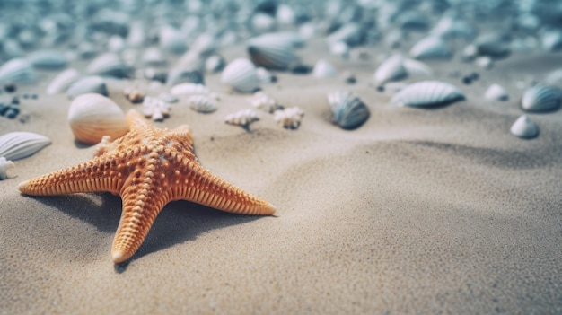 Ein Seestern am Strand mit Muscheln im Sand