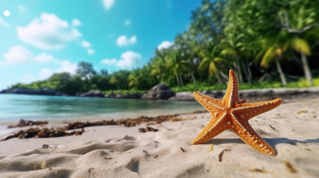 Ein Seestern am Strand mit Palmen im Hintergrund