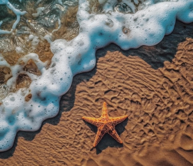 Ein Seestern im Sand wird von Meerwasser mit Schaum umspült. Ansicht von oben. Generative KI