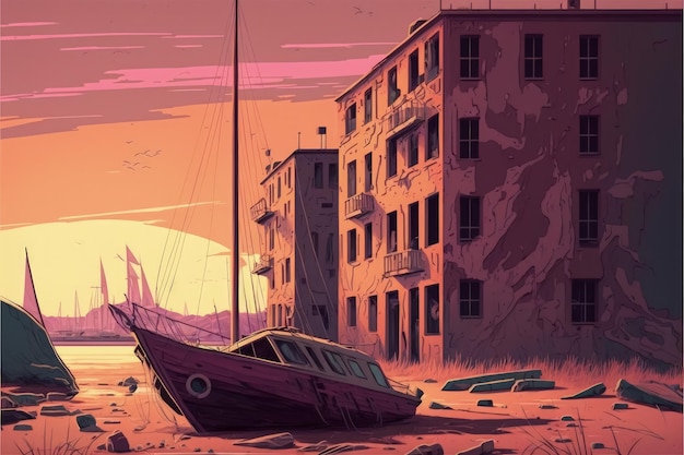 Ein Segelboot am Strand in der Nähe von verlassenen Gebäuden mit Sonnenuntergang im Hintergrund Fantasiekonzept Illustrationsmalerei Generative KI