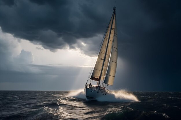 Ein Segelboot im Meer mit einem stürmischen Himmel dahinter